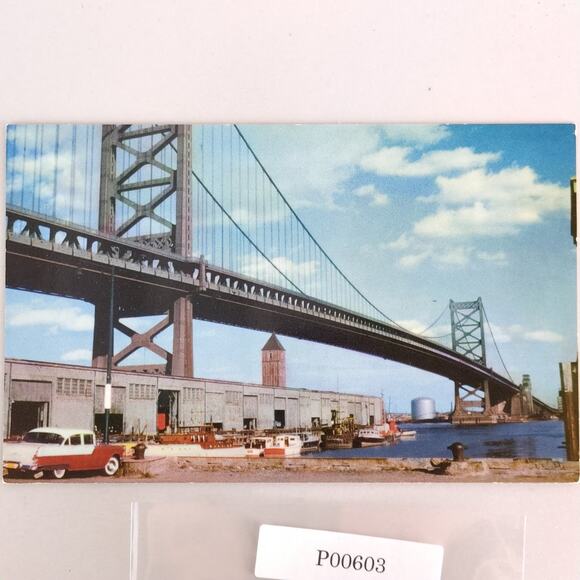 Benjamin Franklin Bridge 1950s Postcard Boats Photo Philadelphia PA Camden NJ - Picture 1 of 2